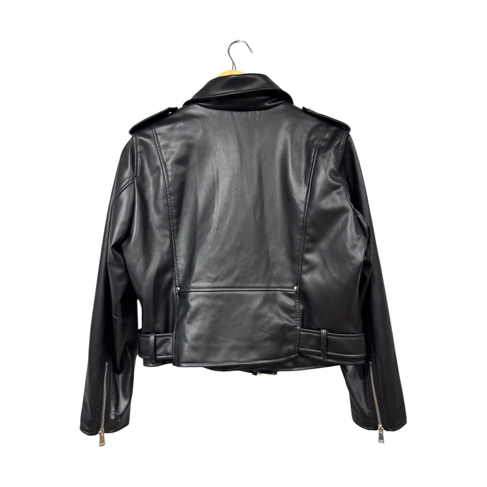 Zara Womens Black Faux Leather Moto Biker Jacket Belted Size XL - Picture 3 of 4
